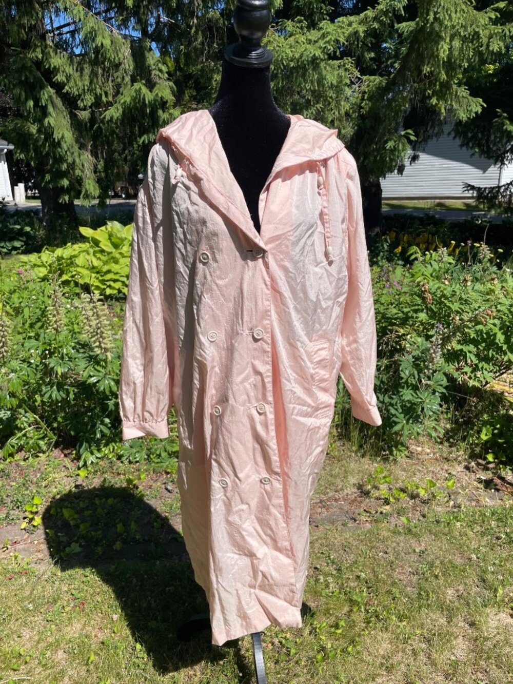 Vintage Japanese Aguamarina Hooded Lightweight Trench Duster Shiny Pink L XL